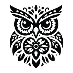 Owl bird in folk art black and white silhouette illustration