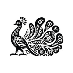 Fototapeta premium Peacock bird in folk art black and white silhouette illustration
