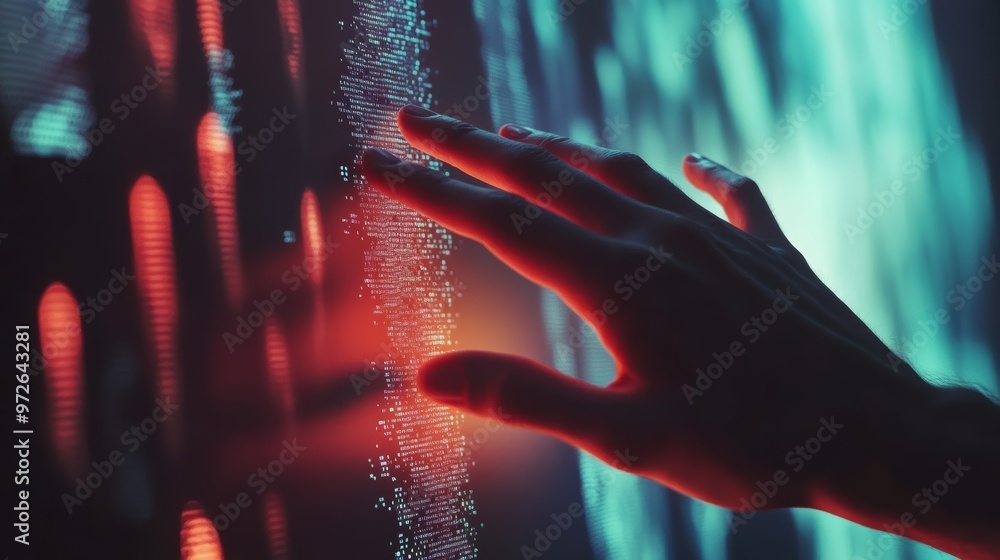 Poster Close-up of a hand interacting with a digital interface illuminated with red and blue lights. Concept of coding and futuristic technology.