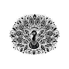 Obraz premium Peacock bird in bohemian black and white silhouette illustration