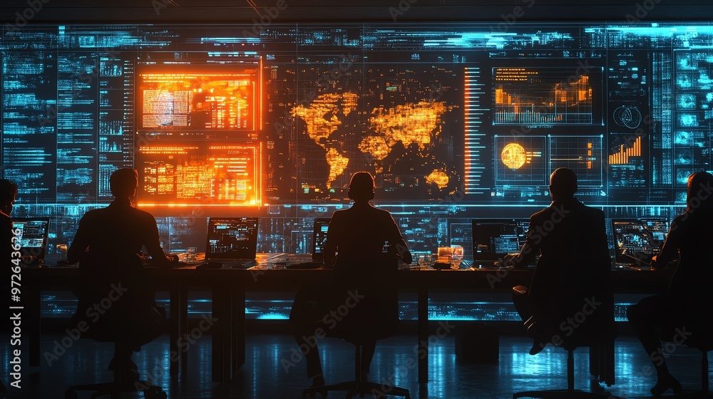 Poster silhouettes of people working in a control room with a large digital screen showing data and graphs.