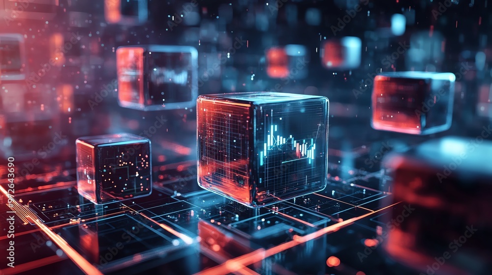 Poster abstract futuristic background with glowing cubes and digital data.