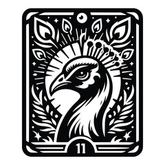 Peacock bird in Tarot card black and white silhouette illustration