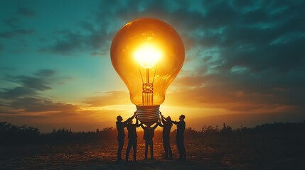 Four people holding up a giant light bulb against a sunset sky, symbolizing collaboration and innovation.