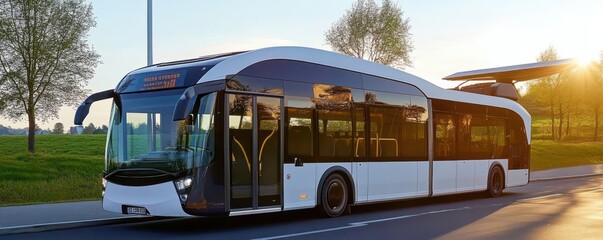 Fototapeta premium eco-friendly transportation solutions, with electric buses and solar-powered vehicles