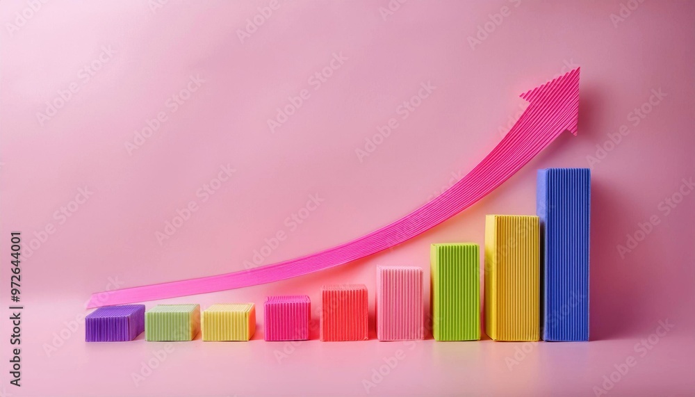 Poster colorful bar graph showing growth with ascending blocks and upward arrow on pink background, represe