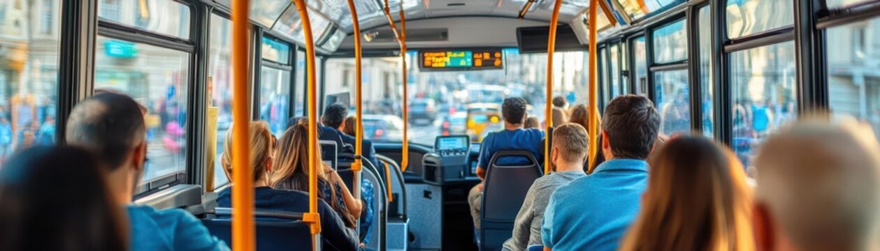 interior of a city bus during a busy commute, with passengers seated and standing
