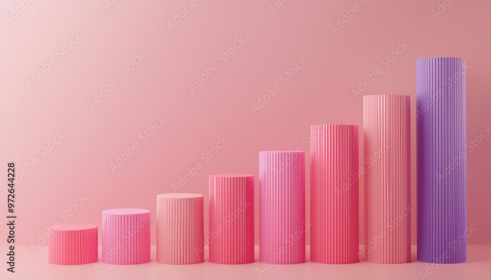 Poster colorful bar graph with cylindrical blocks on a pink background, representing growth and data visual