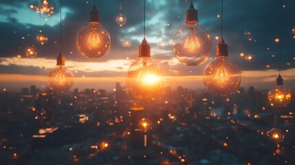 Glowing light bulbs hang over a city skyline at sunset, creating a magical and inspiring scene.