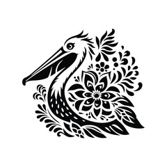 Fototapeta premium Pelican bird in folk art black and white silhouette illustration