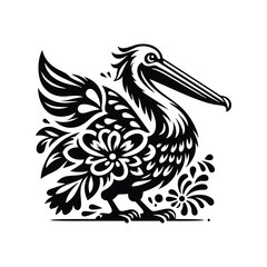Obraz premium Pelican bird in folk art black and white silhouette illustration
