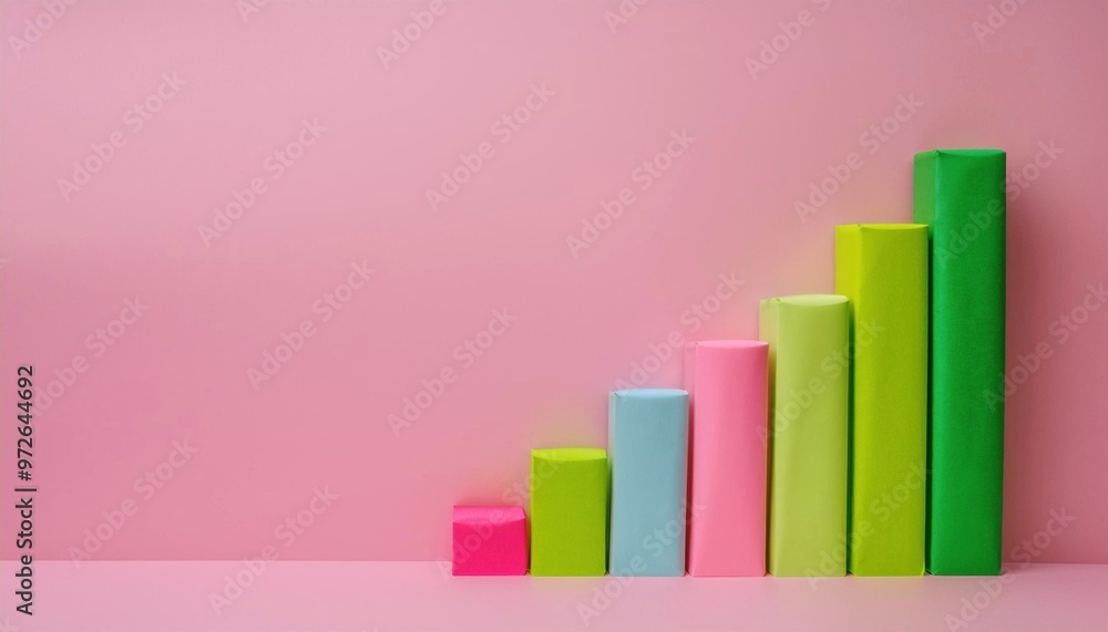 Poster colorful bar graph with vibrant blocks against a pink background, representing growth and progress i