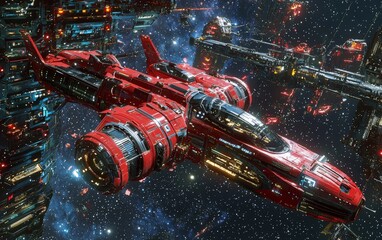 A futuristic red spaceship docking at a space station, the stars twinkling in the background