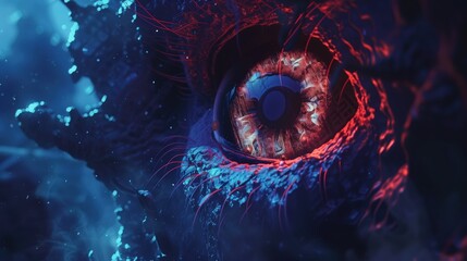 Close-up of a futuristic eye in a sci-fi setting, mysterious atmosphere. All-Seeing Eye