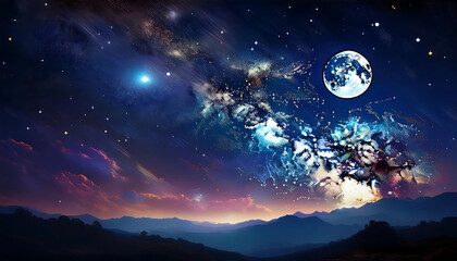  Night sky filled with stars and the Milky Way, with a beautiful full moon, creating a magic_1(613)