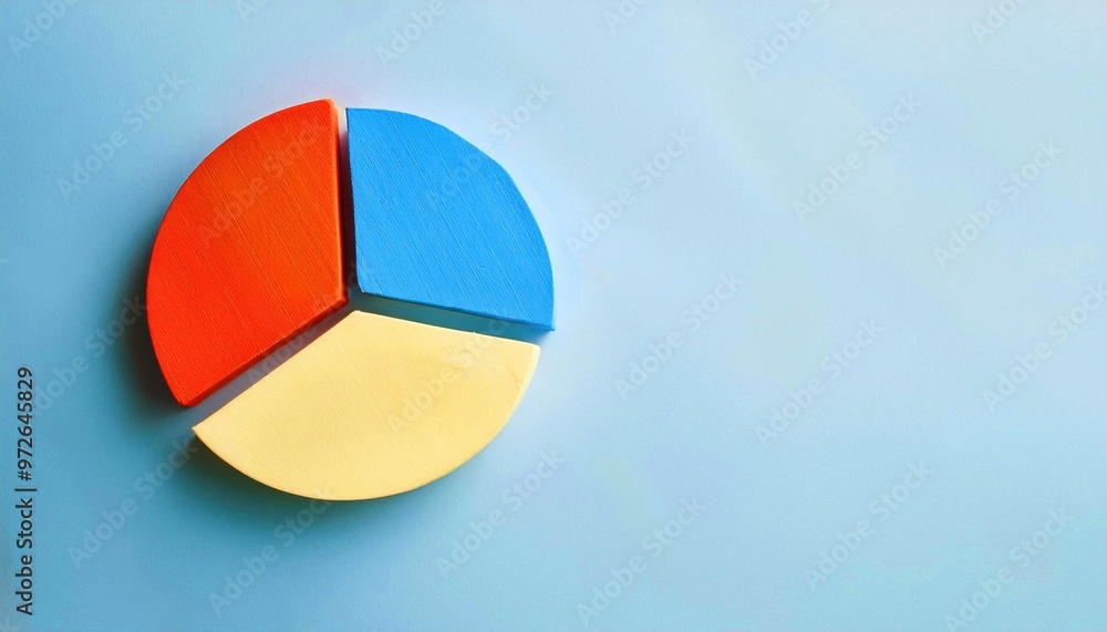 Poster colorful pie chart divided into three sections on a light blue background, representing data visuali
