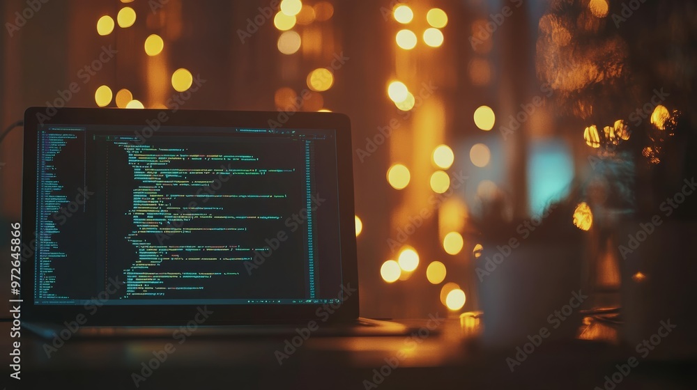 Poster Close-up of laptop with coding on the screen and warm bokeh lights in the background. Night software development concept.