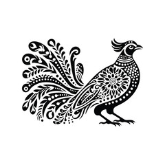 Obraz premium Pheasant bird in folk art black and white silhouette illustration