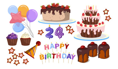 Set of birthday cakes. Chocolate cakes and cupcakes. Birthday cone and balloons. Dessert and delicacy. Annual holiday and festival. Flat vector collection isolated on white background