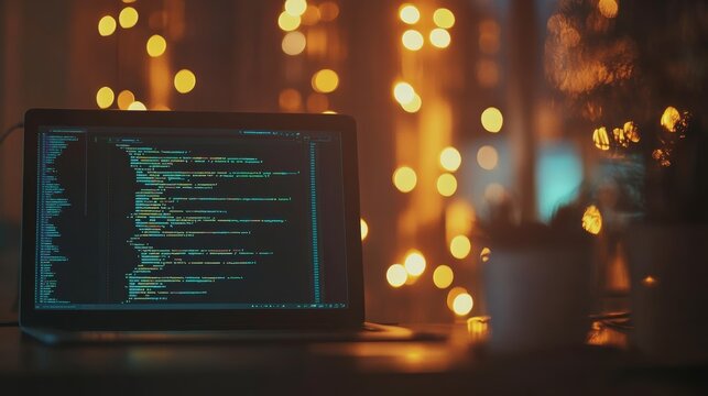 Close-up of laptop with coding on the screen and warm bokeh lights in the background. Night software development concept.