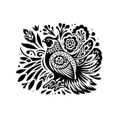 Obraz premium Pheasant bird in folk art black and white silhouette illustration