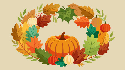 Thanksgiving Wreath with Autumn Leaves and Pumpkins - Festive Door Decoration, Fall Harvest Design
