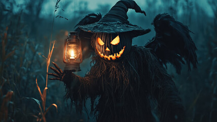 A frightening scarecrow in a dark field, wearing a torn wizard's hat, with wooden hands, vines, and large black feathered wings, holding a lantern emitting a magical candlelight.