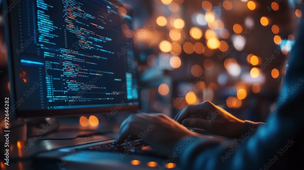 Aufkleber a close-up of hands typing on a laptop with glowing orange lighting. highlights focus in coding and 