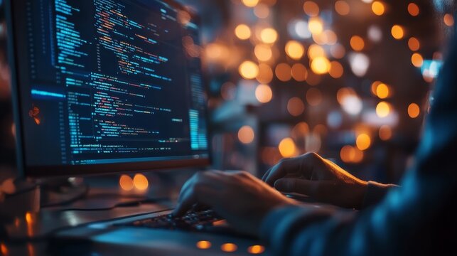 A close-up of hands typing on a laptop with glowing orange lighting. Highlights focus in coding and development.