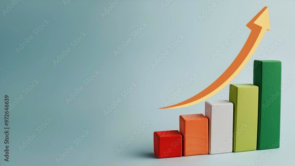 Poster graph showing business growth with colorful bars and an upward arrow against a blue background repre