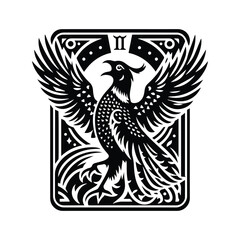 Obraz premium Pheasant bird in Tarot card black and white silhouette illustration