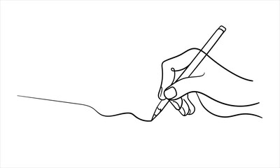 Hand holding a pen continuous line art drawing contour. Vector illustration	