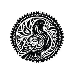 Pigeon bird in bohemian black and white silhouette illustration