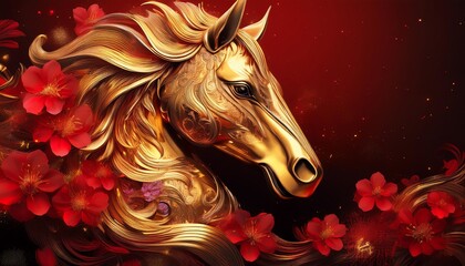 Chinese Year of the Horse 2026, Fire Horse, Happy New Chinese Year, Golden Horse with Red Flowers