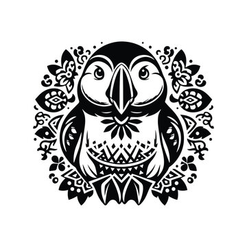 recommend clip art: Puffin bird in bohemian black and white silhouette illustration