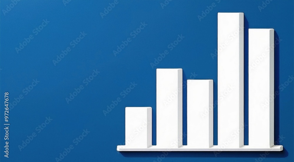 Poster minimalist white bar chart on a blue background representing data analysis, growth, and business per