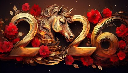 Chinese Year of the Horse 2026, Fire Horse, Happy New Chinese Year, Golden Horse with Red Flowers
