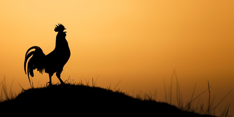 Fototapeta premium Silhouette of a rooster crowing at sunrise on a hill, symbolizing a fresh start, morning, and rural life, with a warm golden sky in the background