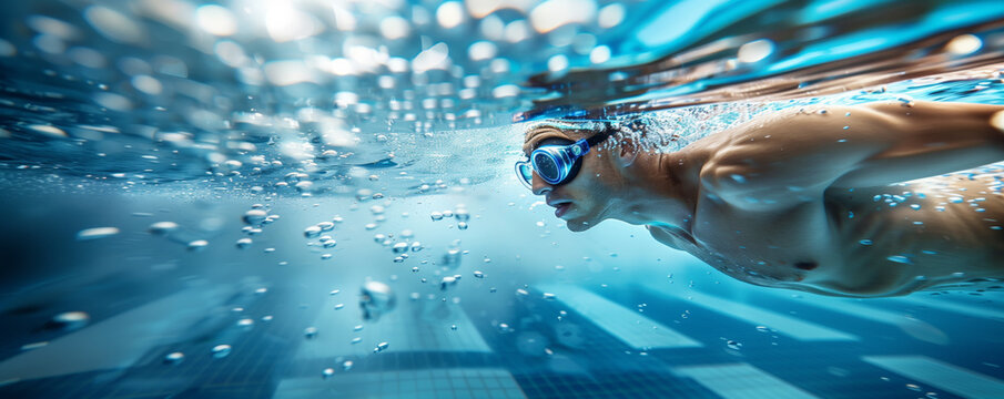 Underwater side view of a swimmer in goggles, streamlined and focused, cutting through the water in a pool with bubbles trailing behind, creating a dynamic sense of motion and athleticism