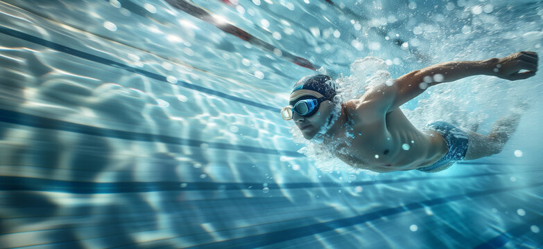 Underwater side view of a focused male swimmer in mid-stroke, creating a powerful motion with bubbles and water turbulence in a competitive swimming pool
