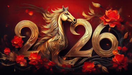 Chinese Year of the Horse 2026, Fire Horse, Happy New Chinese Year, Golden Horse with Red Flowers