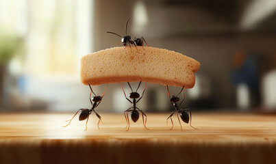 Three ants working together to carry a slice of bread, emphasizing the power of teamwork, strength, and cooperation in achieving great tasks in a kitchen setting
