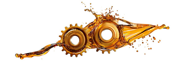 Two golden gears intertwined with splashes of oil, representing fluidity, precision, and efficiency in industrial machinery, highlighting smooth operation and mechanical synergy