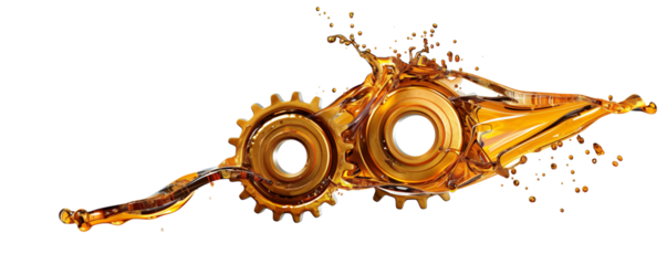 Two golden gears intertwined with splashes of oil, representing fluidity, precision, and efficiency in industrial machinery, highlighting smooth operation and mechanical synergy