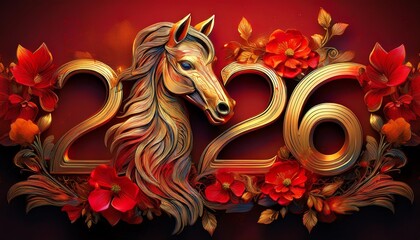 Chinese Year of the Horse 2026, Fire Horse, Happy New Chinese Year, Golden Horse with Red Flowers