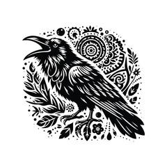 raven bird in bohemian black and white silhouette illustration