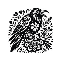 raven bird in folk art black and white silhouette illustration