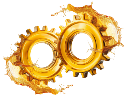 Two interlocking cogs made of golden engine oil splashes, symbolizing machinery, efficiency, and the seamless operation of industrial processes