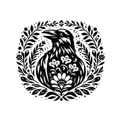 raven bird in folk art black and white silhouette illustration