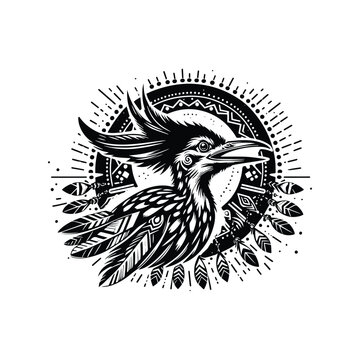 recommend clip art: Roadrunner bird in bohemian black and white silhouette illustration